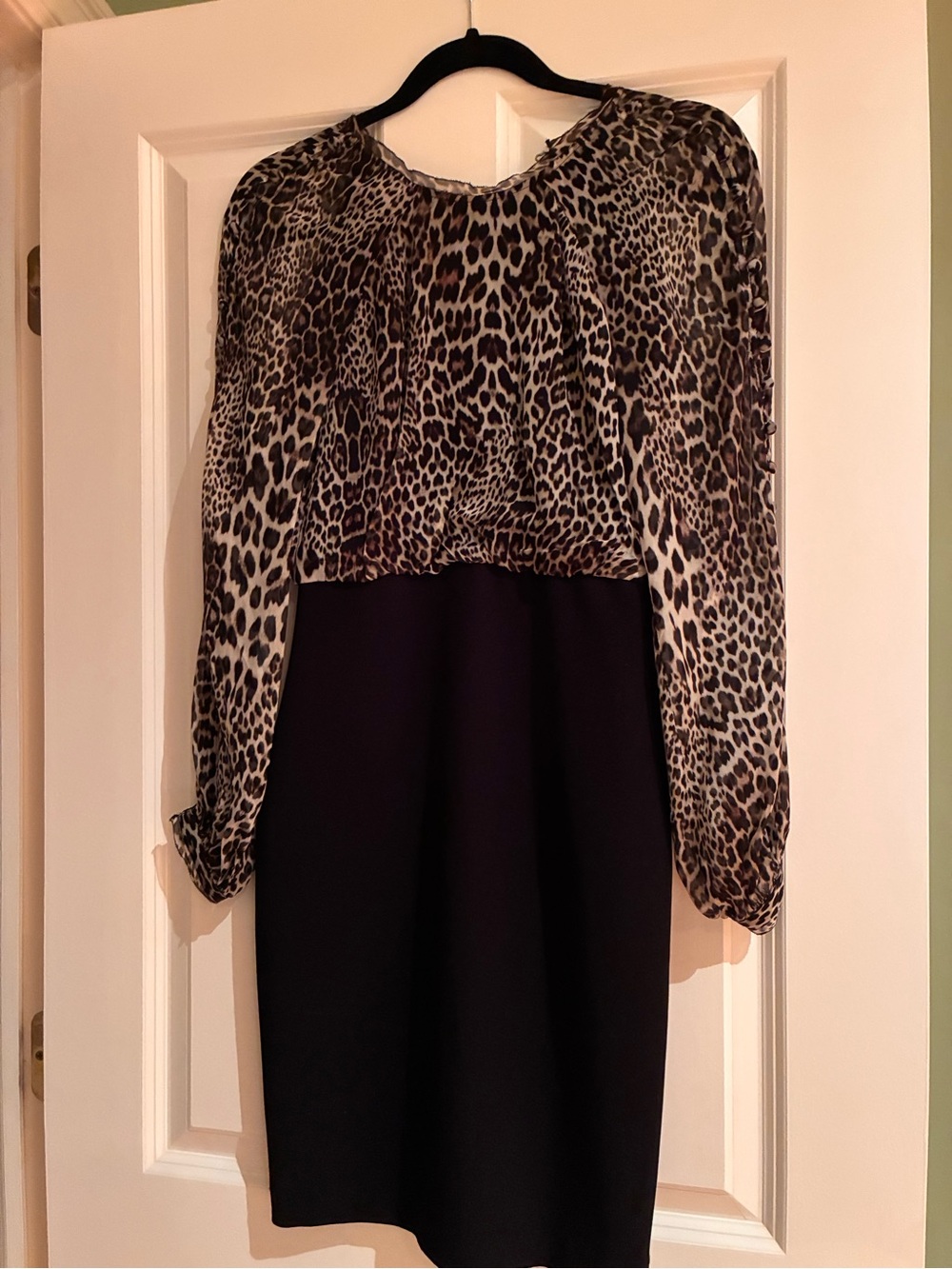 Badgley Mischka Leopard-Print and Black Long-Sleeve Dress